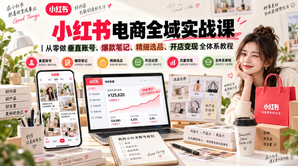 小红书电商全域实战课｜从零做垂直账号、爆款笔记、精细选品、开店变现全体系教程-网创之家