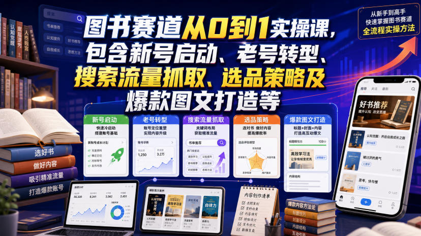 图书赛道从0到1实操课,包含新号启动、老号转型、搜索流量抓取、选品策略及爆款图文打造等-网创之家