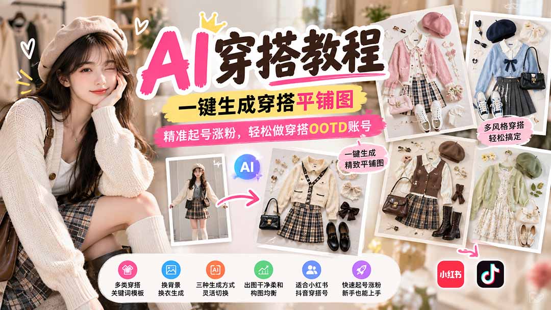 【无水印】AI穿搭教程｜一键生成穿搭平铺图，精准起号涨粉，轻松做穿搭OOTD账号-网创之家