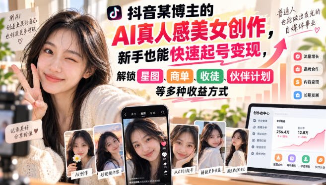 抖音某博主的AI真人感美女创作，新手也能快速起号变现，解锁星图，商单，收徒，伙伴计划等多种收益方式-网创之家