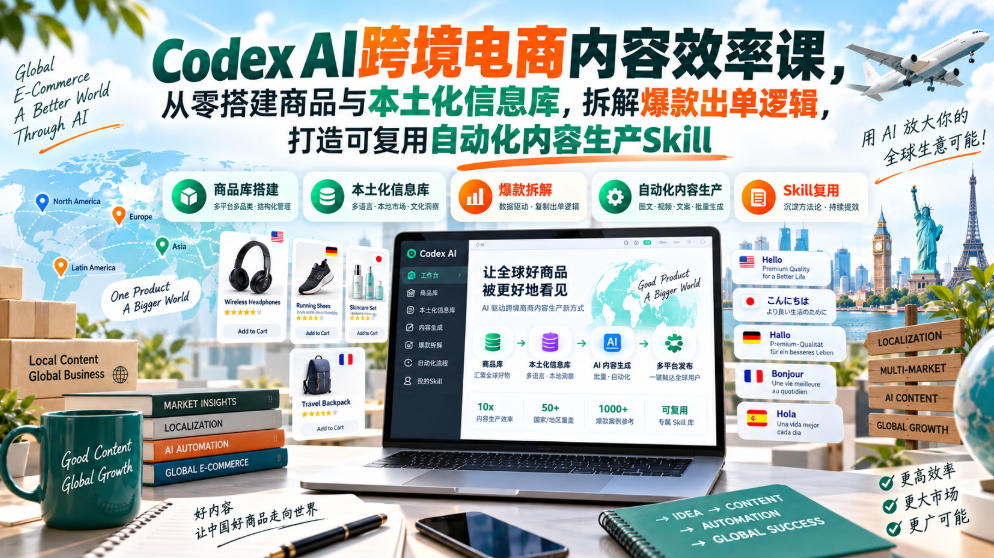 Codex AI跨境电商内容效率课，从零搭建商品与本土化信息库，拆解爆款出单逻辑，打造可复用自动化内容生产Skill-网创之家
