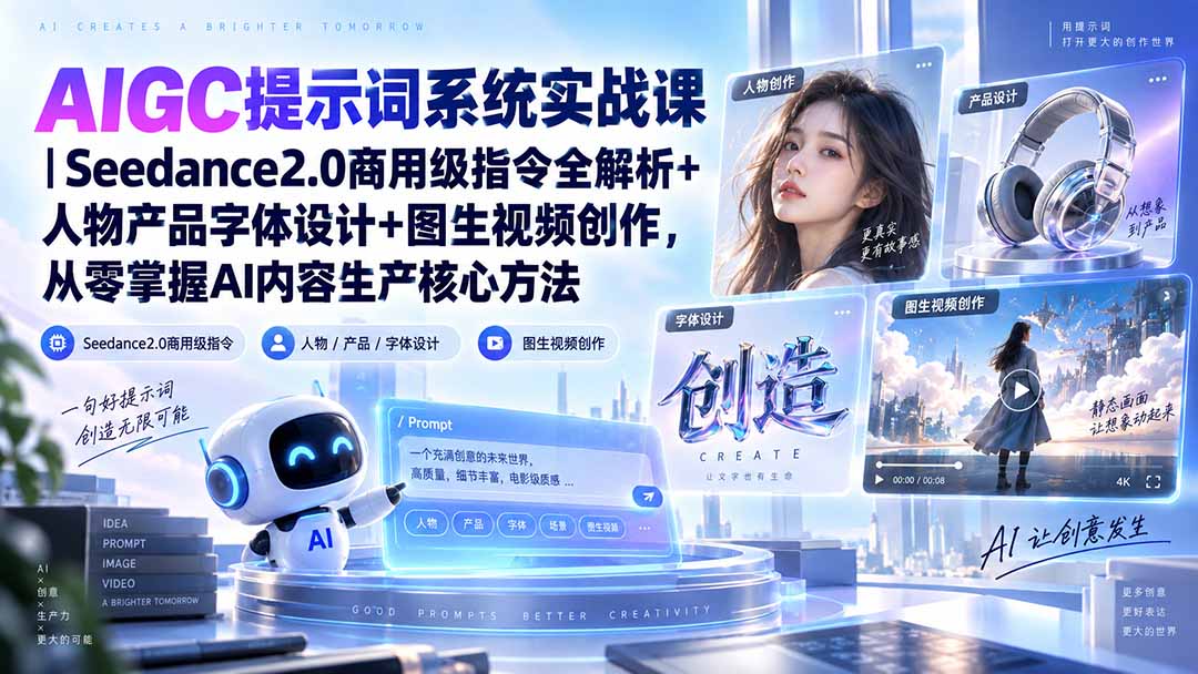 AIGC提示词系统实战课-无水印｜Seedance2.0商用级指令全解析+人物产品字体设计+图生视频创作，掌握AI内容生产方法-网创之家
