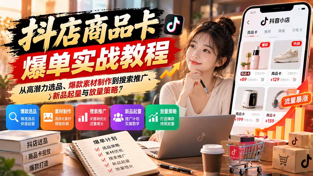 抖店商品卡爆单实战教程：从高潜力选品、爆款素材制作到搜索推广、新品起量与放量策略-网创之家
