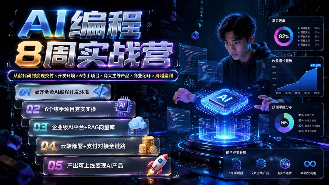 AI编程8周实战营：从敲代码到变现交付×开发环境×6练手项目×两大主线产品×商业闭环×跨越盈利-网创之家