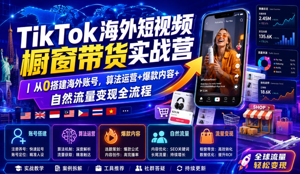 TikTok海外短视频橱窗带货实战营｜从0搭建海外账号，算法运营+爆款内容+自然流量变现全流程-网创之家