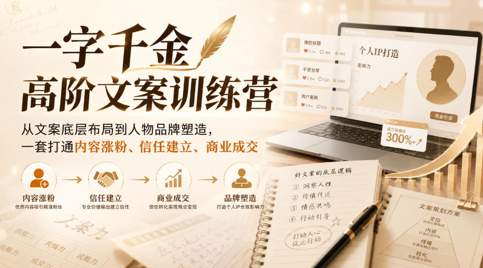 一字千金高阶文案训练营，从文案底层布局到人物品牌塑造，一套打通内容涨粉、信任建立、商业成交-网创之家