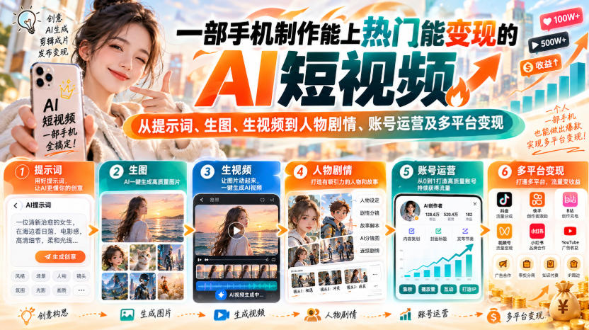 【无水印】一部手机制作能上热门能变现的AI短视频，从提示词、生图、生视频到人物剧情、账号运营及多平台变现-网创之家