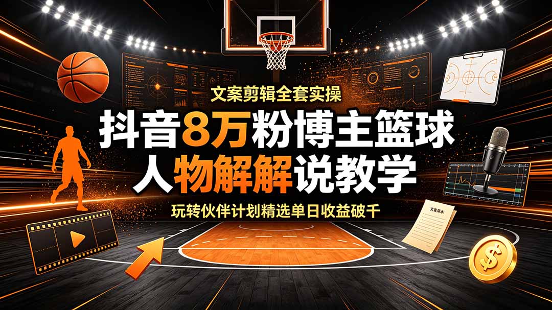 抖音8万粉博主篮球人物解说教学，文案剪辑全套实操，玩转伙伴计划精选单日收益破千-网创之家