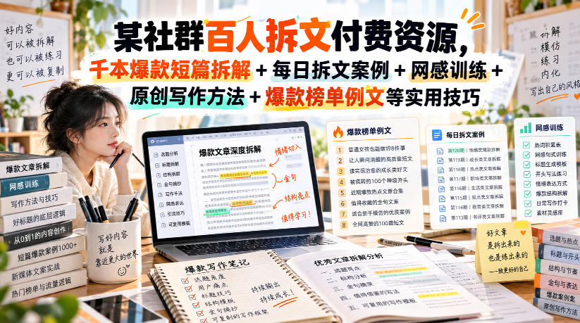 (无水印)某社群百人拆文付费资源，千本爆款短篇拆解+每日拆文案例+网感训练+原创写作方法+爆款榜单例文等实用技巧(更新1009)-网创之家