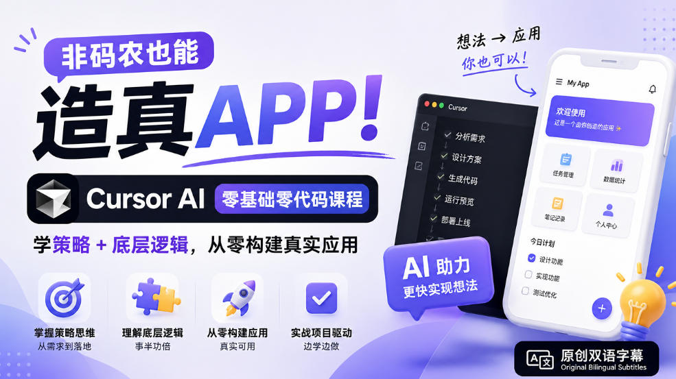 非码农也能造真APP！Cursor AI零基础零代码课程：学策略+底层逻辑，从零构建真实应用【原创双语字幕】-网创之家