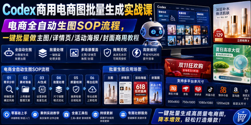 Codex商用电商图批量生成实战课｜电商全自动生图SOP流程，一键批量做主图/详情页/活动海报/封面商用教程-网创之家