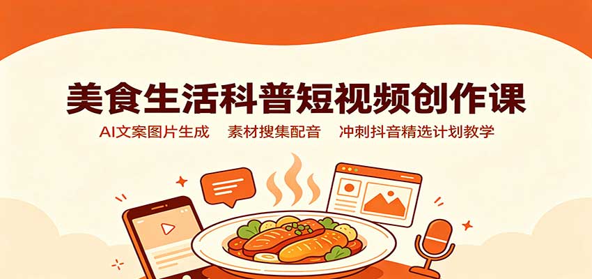美食生活科普短视频创作课：AI文案图片生成，素材搜集配音，冲刺抖音精选计划教学-网创之家