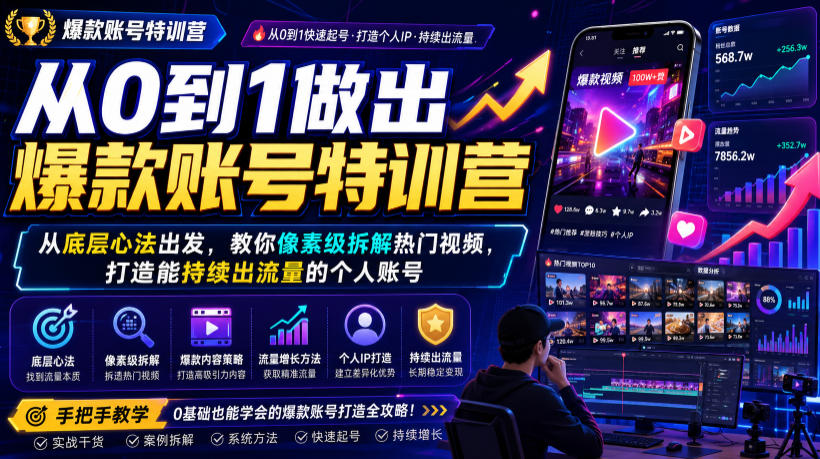 从0到1做出爆款账号特训营,从底层心法出发,教你像素级拆解热门视频,打造能持续出流量的个人账号-网创之家