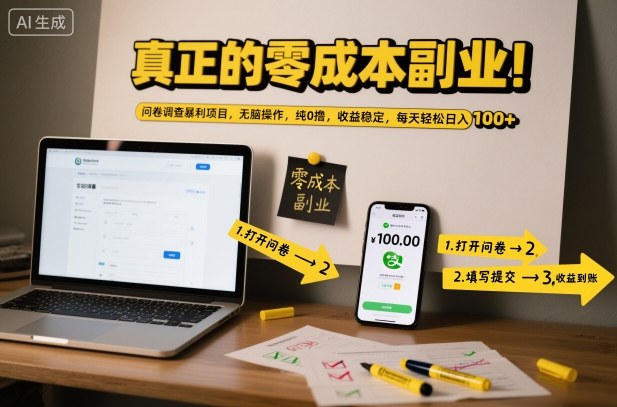 真正的零成本副业！问卷调查暴利项目，无脑操作，纯0撸，收益稳定，每天轻松日入100+【揭秘】-网创之家