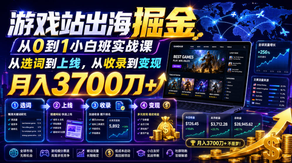 游戏站出海掘金从0到1小白实战课，从选词到上线，从收录到变现，月入3700刀+-网创之家