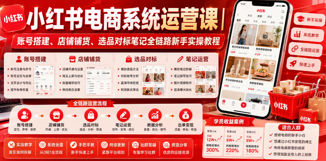 小红书电商系统运营课｜账号搭建、店铺铺货、选品对标笔记全链路新手实操教程-网创之家