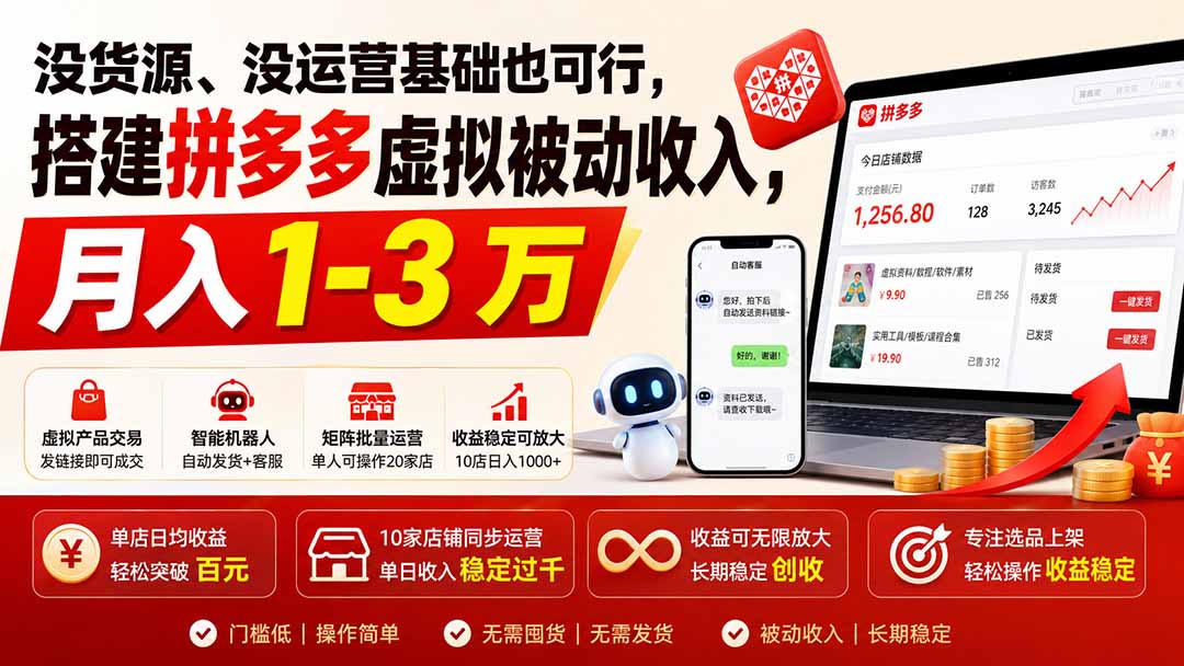 没货源、没运营基础也可行，搭建多多虚拟被动收入，月入 1-3 万-网创之家