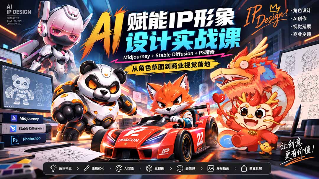 AI赋能IP形象设计实战课-无水印：Midjourney+Stable Diffusion+PS精修，从角色草图到商业视觉落地-网创之家