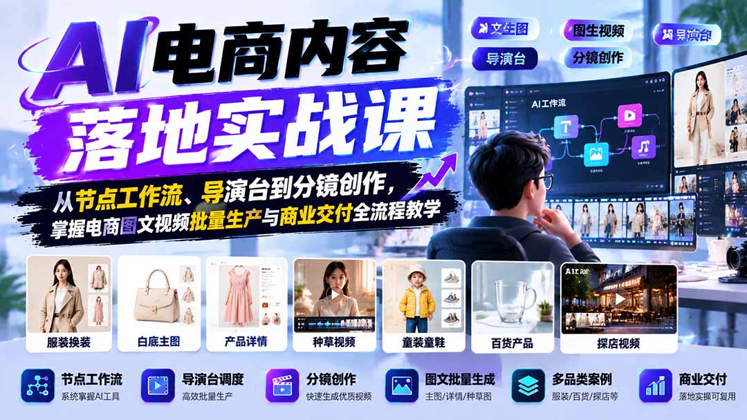 AI电商内容落地实战课：从节点工作流、导演台到分镜创作，掌握电商图文视频批量生产与商业交付全流程教学-网创之家