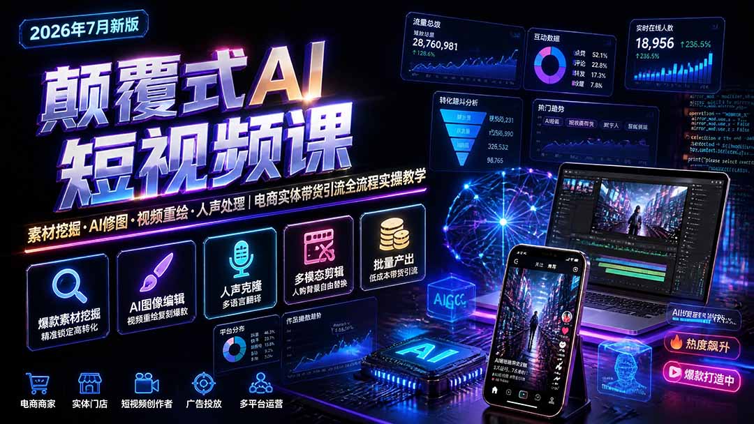 颠覆式AI短视频课-更新｜素材挖掘，AI修图，视频重绘，人声处理｜电商实体带货引流全流程实操教学-网创之家
