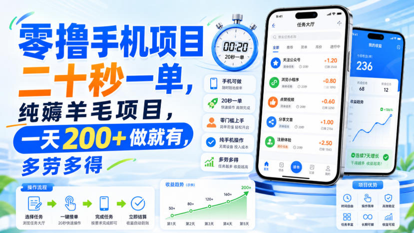 零撸手机项目，二十秒一单，纯薅羊毛项目，一天200+做就有，多劳多得【揭秘】-网创之家