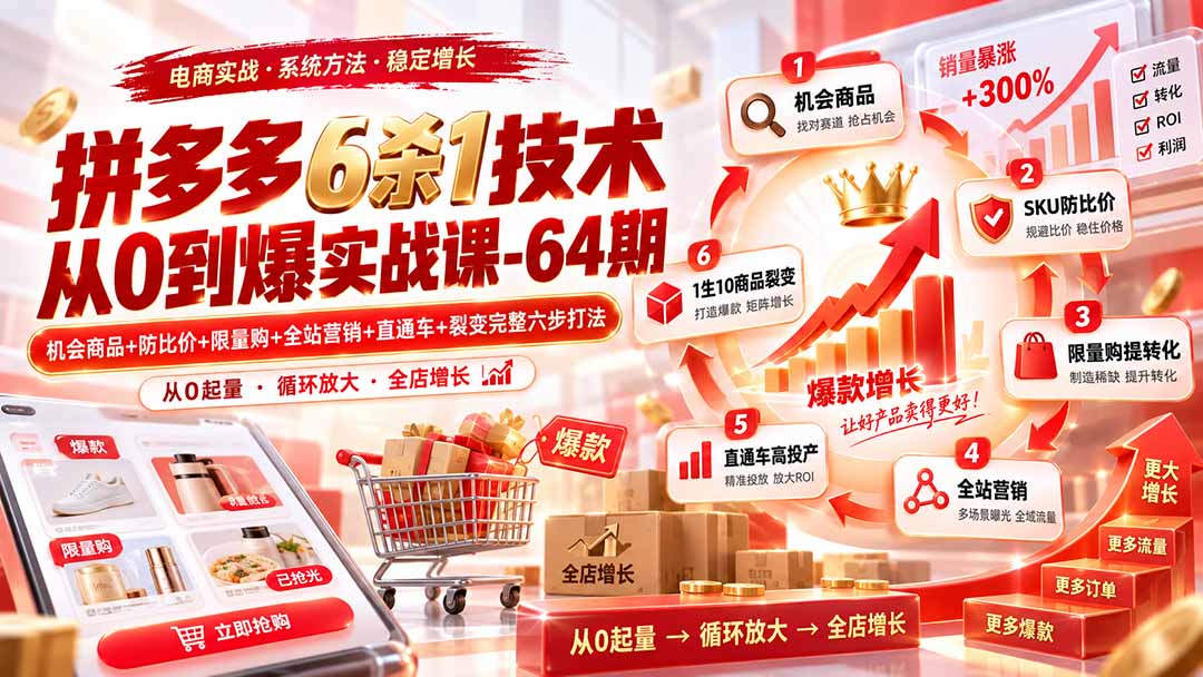 拼多多6杀1技术从0到爆实战课-64期：机会商品+防比价+限量购+全站营销+直通车+裂变完整六步打法-网创之家