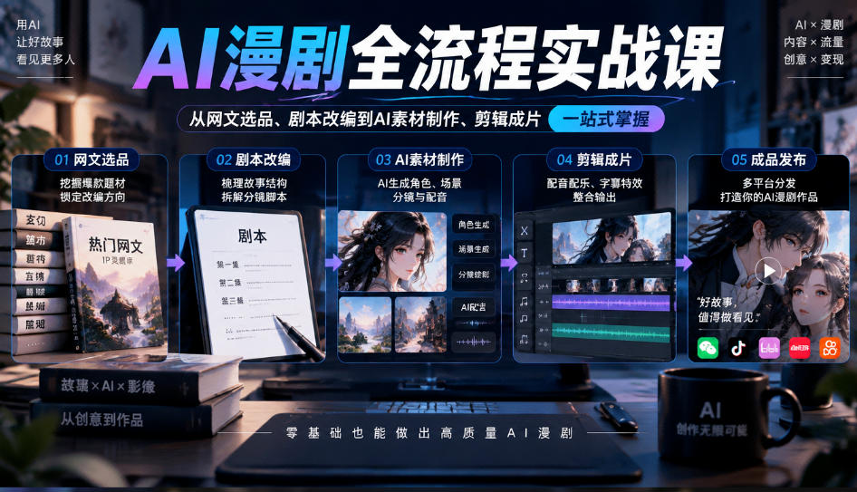 AI漫剧全流程实战课，覆盖从网文选品、剧本改编到AI素材制作、剪辑成片的完整链路-网创之家