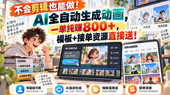 不会剪辑也能做！AI全自动生成动画，一单纯賺800+，模板+接单资源直接送！【揭秘】-网创之家