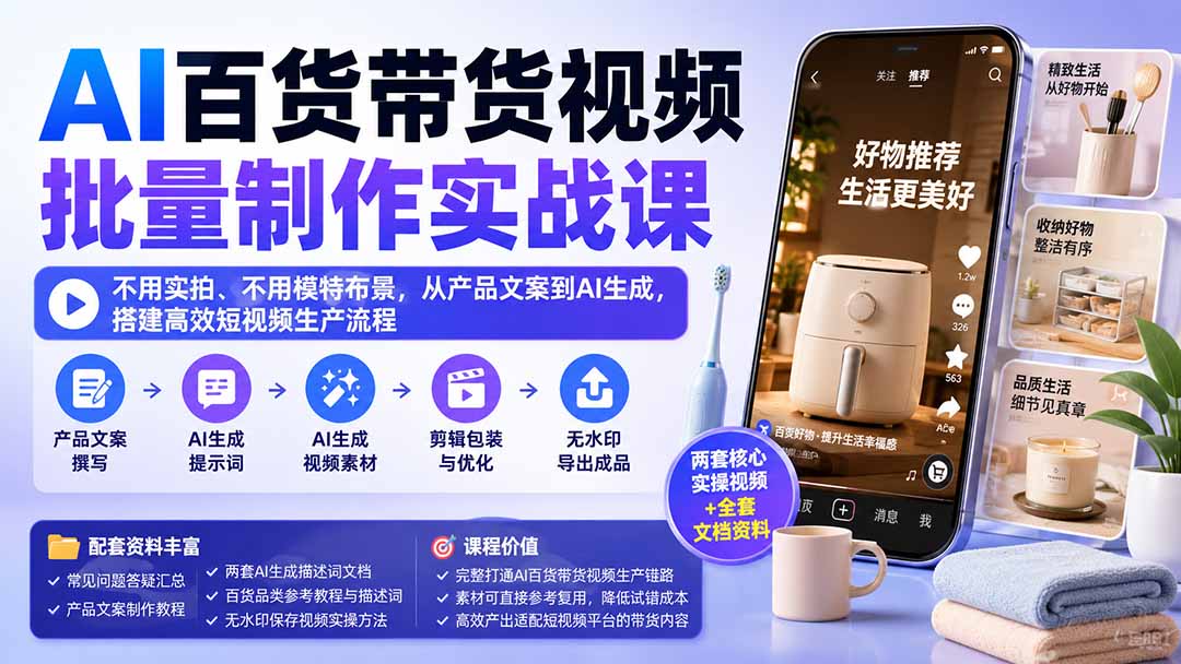AI百货带货视频批量制作实战课：不用实拍、不用模特布景，从产品文案到AI生成，搭建高效短视频生产流程-网创之家