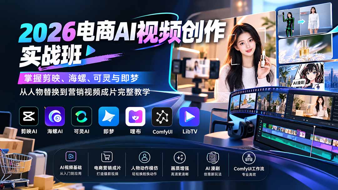 2026电商AI视频创作实战班：掌握剪映、海螺、可灵与即梦，从人物替换到营销视频成片完整教学-网创之家