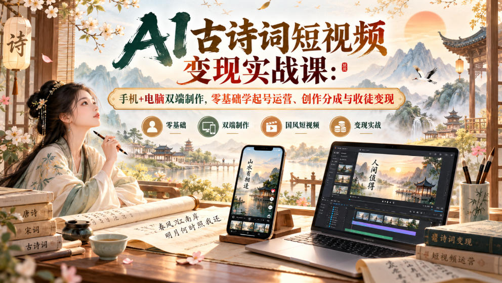 AI古诗词短视频变现实战课：手机+电脑双端制作，零基础学起号运营、创作分成与收徒变现-网创之家