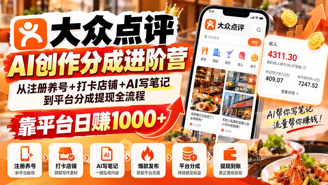 大众点评AI创作分成进阶营：从注册养号+打卡店铺+AI写笔记到平台分成提现全流程，靠平台日赚1000+-网创之家