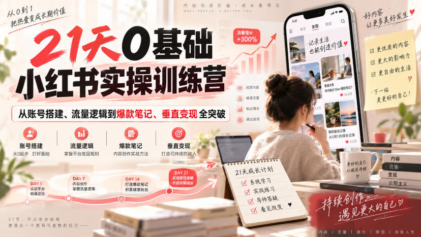 21天0基础小红书实操训练营｜从账号搭建、流量逻辑到爆款笔记、垂直变现全突破-网创之家