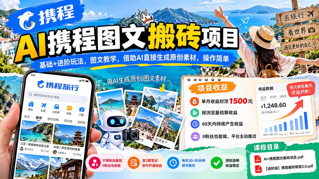AI携程图文搬砖项目，基础+进阶玩法，图文教学，借助AI直接生成原创素材，操作简单-网创之家