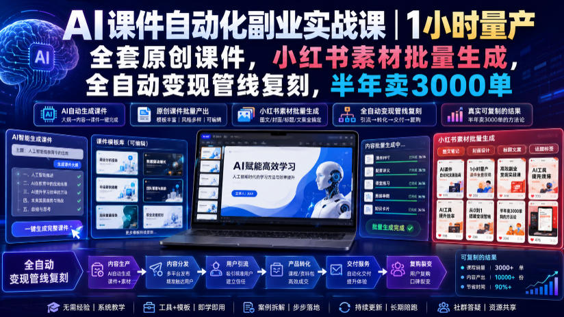 AI课件自动化副业实战课｜1小时量产全套原创课件，小红书素材批量生成，全自动变现管线复刻，半年卖3000单-网创之家