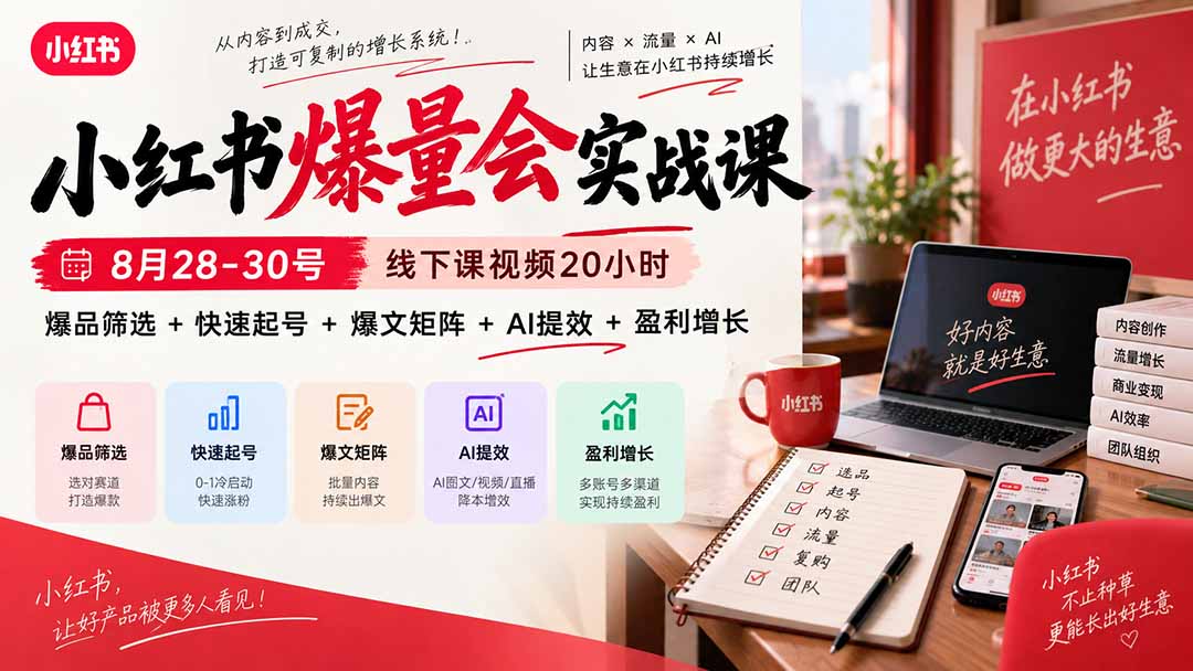 小红书爆量会实战课：8月28-30号线下课视频20小时，爆品筛选+快速起号+爆文矩阵+AI提效+盈利增长-网创之家