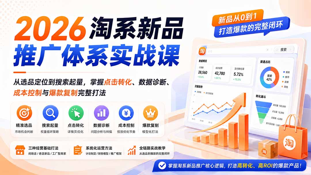 2026淘系新品推广体系实战课：从选品定位到搜索起量，掌握点击转化、数据诊断、成本控制与爆款复制完整打法-网创之家