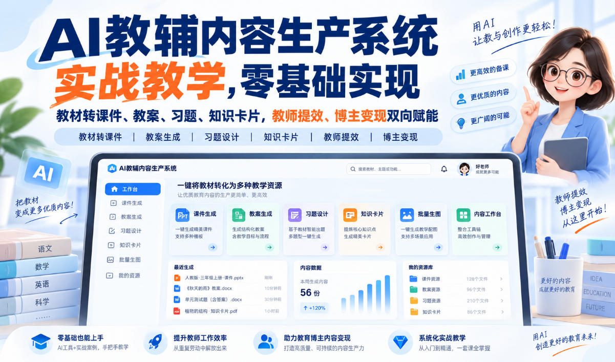 【无水印】AI教辅内容生产系统实战教学，零基础实现教材转课件、教案、习题、知识卡片，教师提效、博主变现双向赋能(更新0926)-网创之家