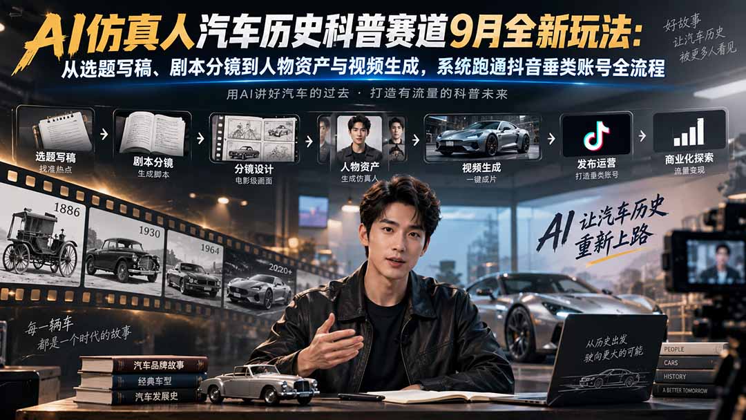 AI仿真人汽车历史科普赛道9月全新玩法：从选题写稿、剧本分镜到人物资产与视频生成，系统跑通抖音垂类账号全流程-网创之家