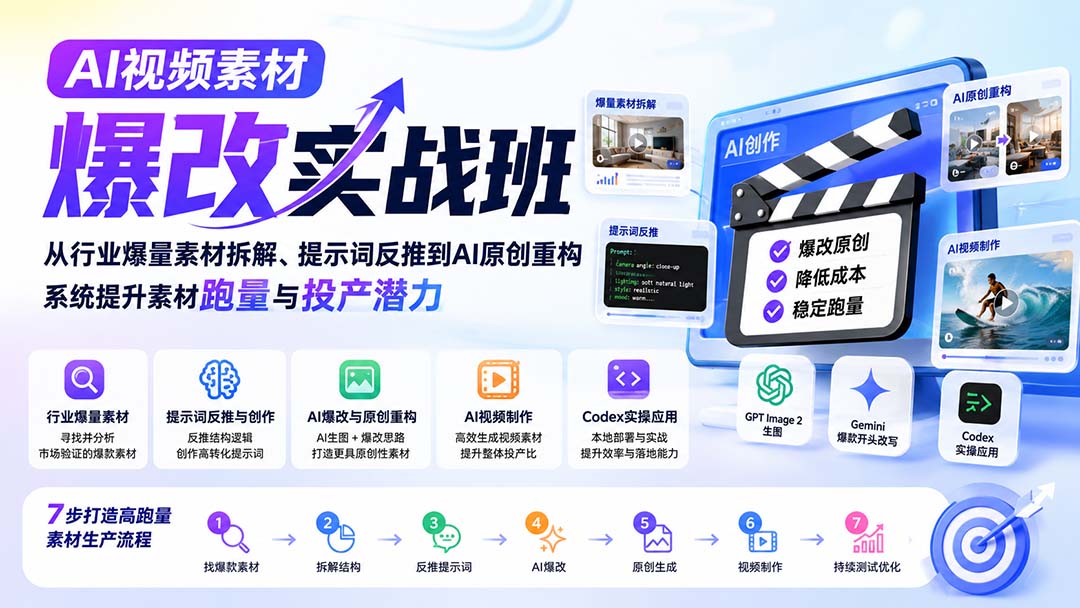 AI视频素材爆改实战班-更新8月：从行业爆量素材拆解、提示词反推到AI原创重构，系统提升素材跑量与投产潜力-网创之家