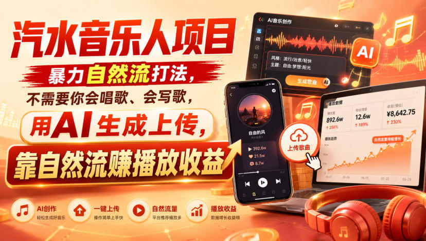 汽水音乐人项目，暴力自然流打法，不需要你会唱歌、会写歌，用AI生成上传，靠自然流賺播放收益-网创之家