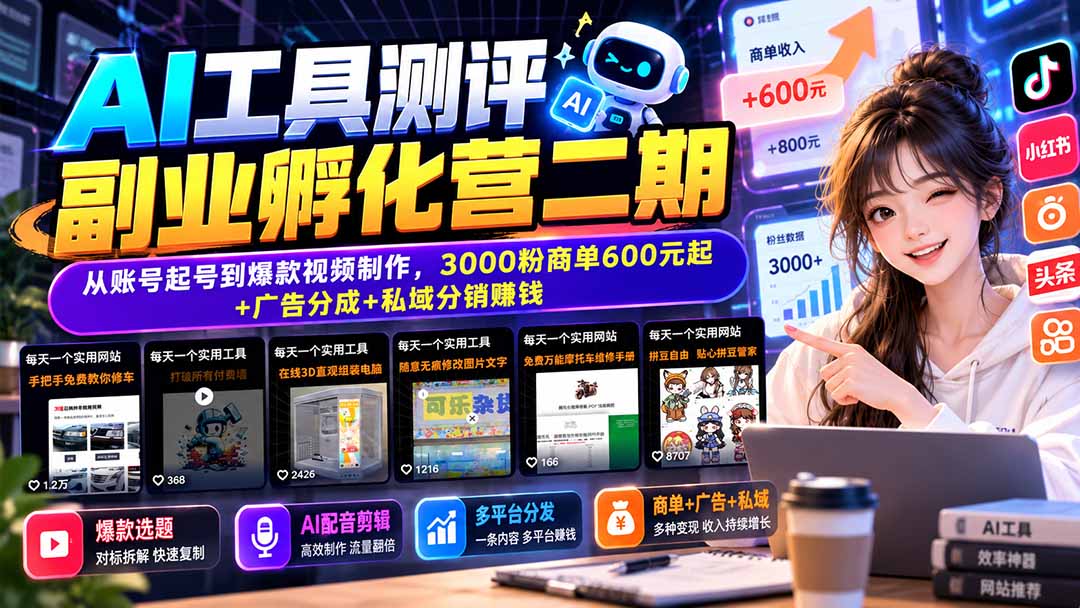 AI工具测评副业孵化营二期：从账号起号到爆款视频制作，3000粉商单600元起+广告分成+私域分销赚钱-网创之家