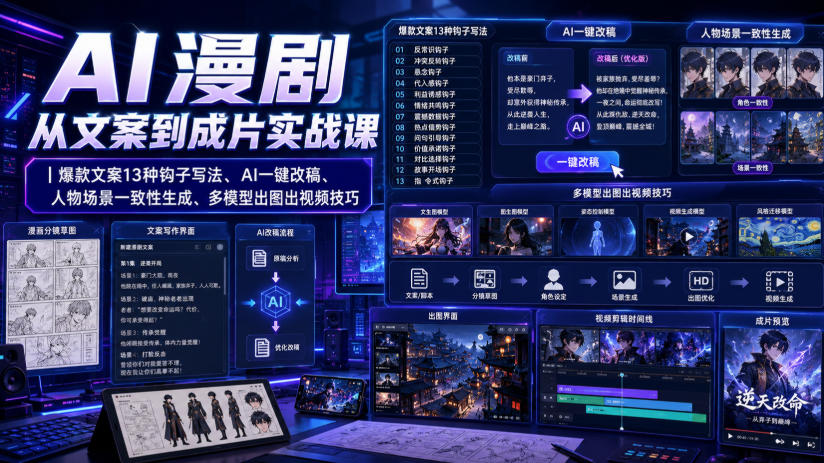 AI漫剧从文案到成片实战课｜爆款文案13种钩子写法、AI一键改稿、人物场景一致性生成、多模型出图出视频技巧-网创之家