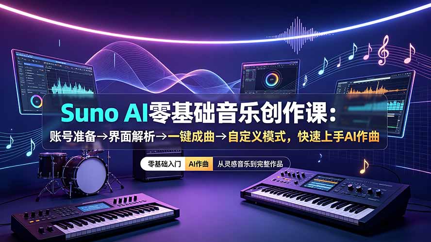 Suno AI零基础音乐创作课：账号准备→界面解析→一键成曲→自定义模式，快速上手AI作曲-网创之家