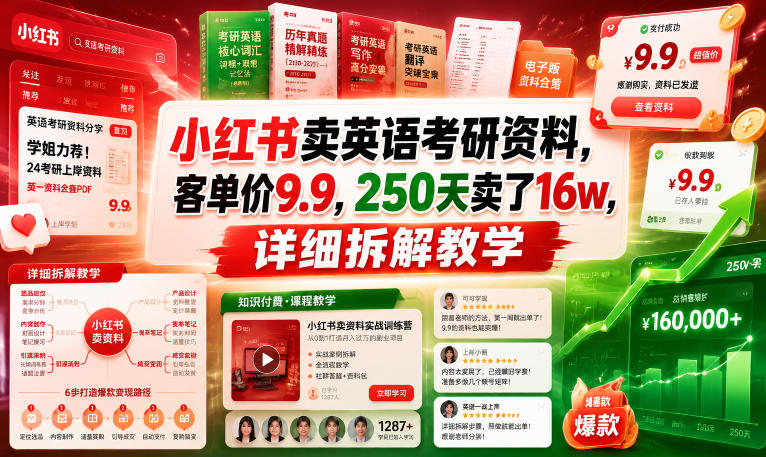 小红书卖英语考研资料，客单价9.9，250天卖了16w，详细拆解教学-网创之家