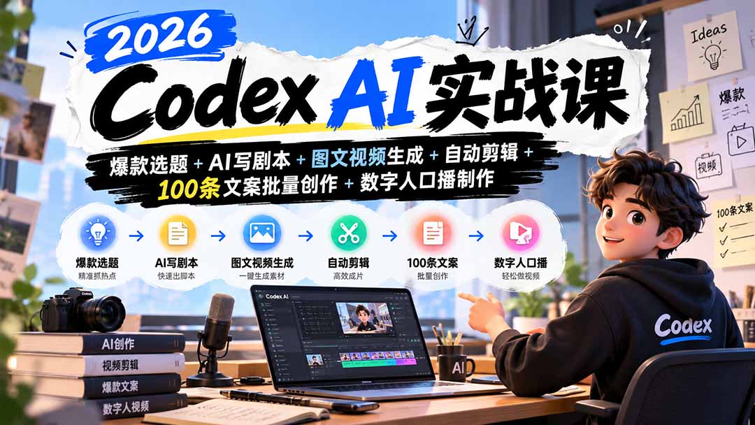 2026Codex AI实战课：爆款选题+AI写剧本+图文视频生成+自动剪辑+100条文案批量创作+数字人口播制作-网创之家