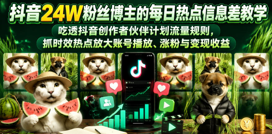 抖音24W粉丝博主的每日热点信息差教学，吃透创作者伙伴计划流量规则，抓时效热点放大账号播放、涨粉与变现收益-网创之家