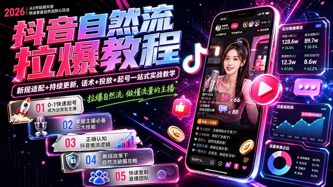 抖音自然流拉爆教程-更新7月：做懂流量的主播，新规适配+持续更新，话术+投放+起号一站式实战教学-网创之家