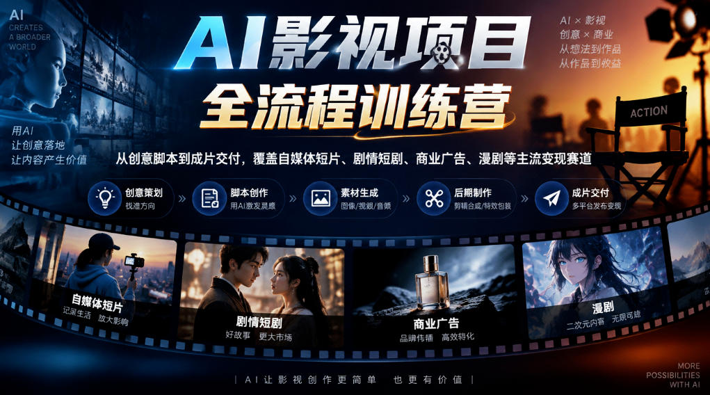 AI影视项目全流程训练营，从创意脚本到成片交付，覆盖自媒体短片、剧情短剧、商业广告、漫剧等主流变现赛道-网创之家