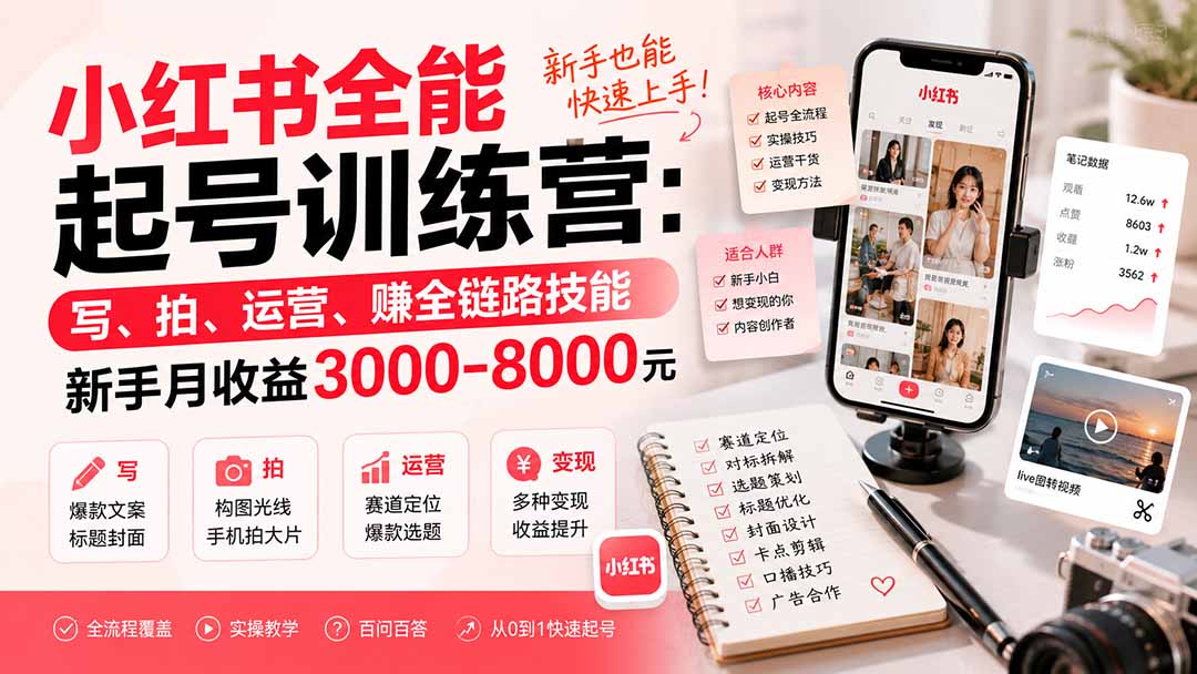 小红书全能起号训练营-更新：写、拍、运营、赚全链路技能，新手月收益3000-8000元-网创之家